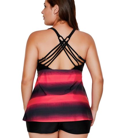 Adelaide Women Color Block Striped Tankini Plus Size Boyshorts Swimsuits Rosy