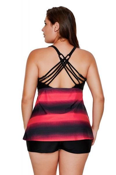 Adelaide Women Color Block Striped Tankini Plus Size Boyshorts Swimsuits Rosy