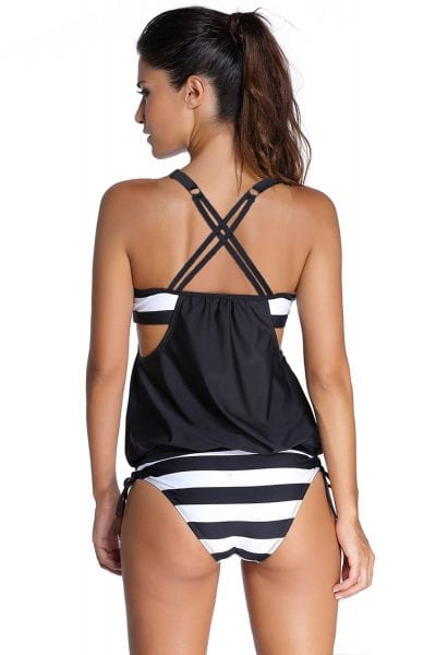 Annie Women's Stripes Layered-Style Cross Tankini Swimsuits Set Black