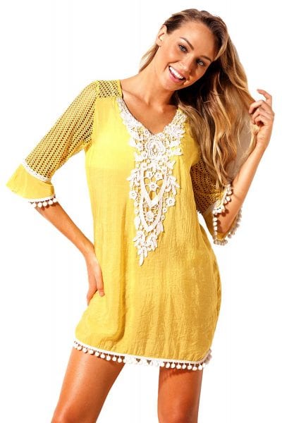 Grayson Women's Crochet Chiffon Tassel Beach Tunic Cover up White