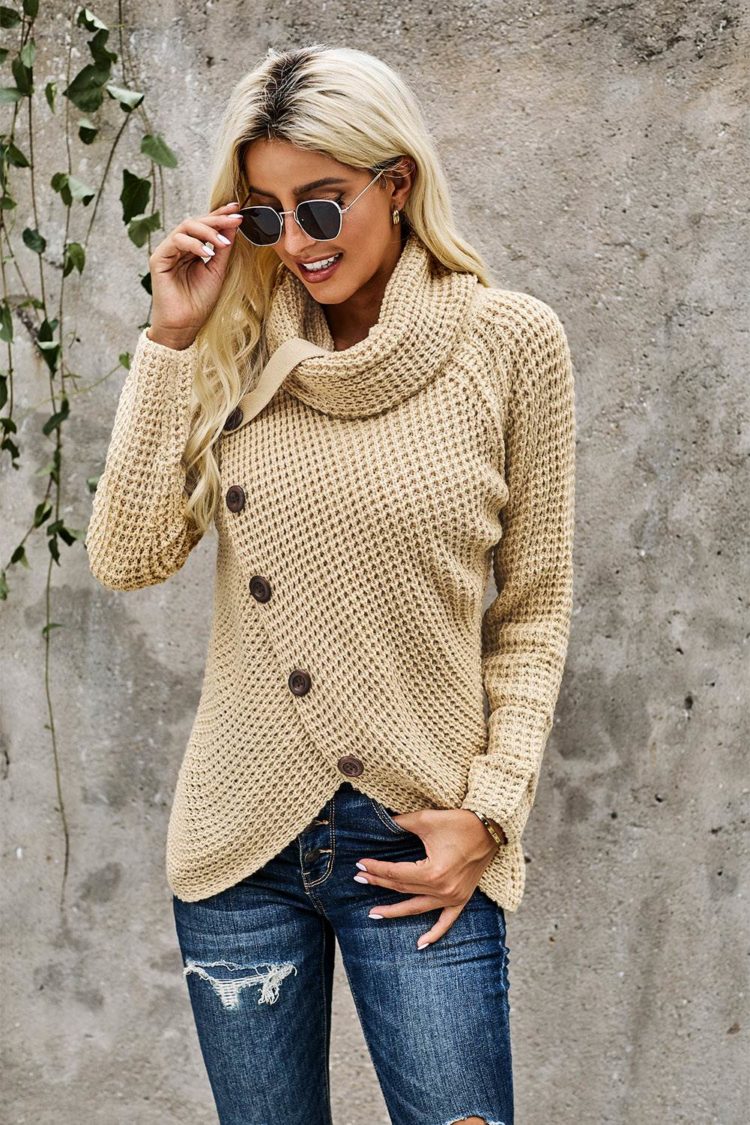 Pilcro Buttoned Wrap Turtleneck Pullover Sweater Tops Beige