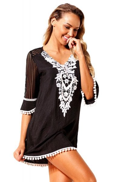 Grayson Women's Crochet Chiffon Tassel Beach Tunic Cover up White