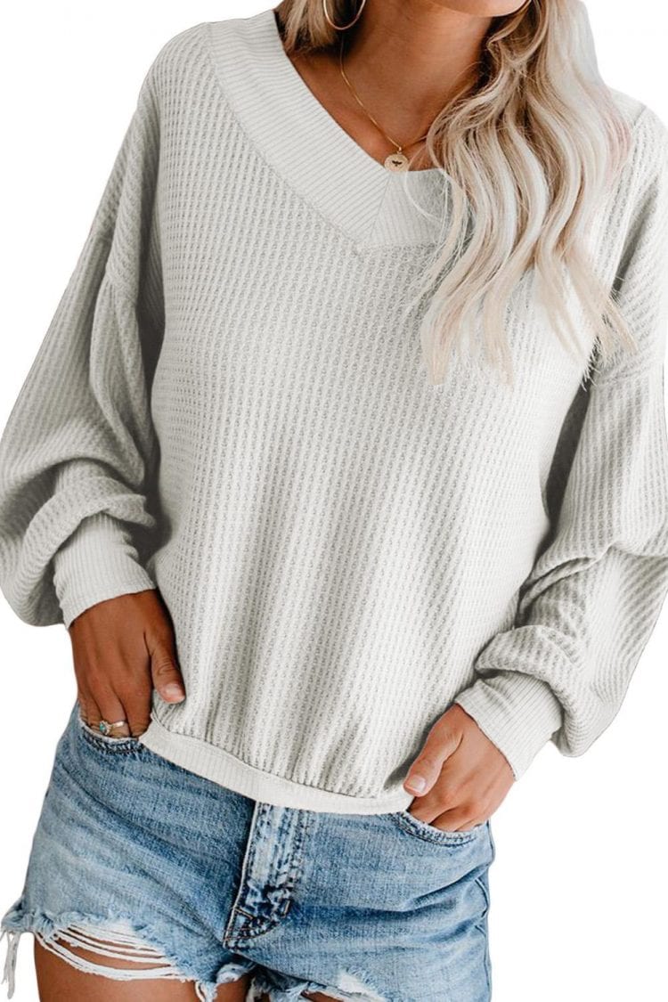 Carmela Women's V Neck Long Sleeve Knit Top Off Shoulder Pullover Sweater White