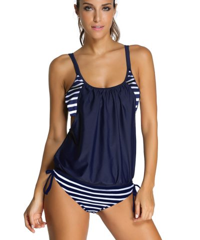 Marigold Women's Layered-Style Striped Tankini Swimwear with Triangular Briefs Grey