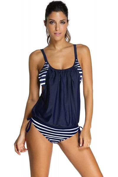 Marigold Women's Layered-Style Striped Tankini Swimwear with Triangular Briefs Grey