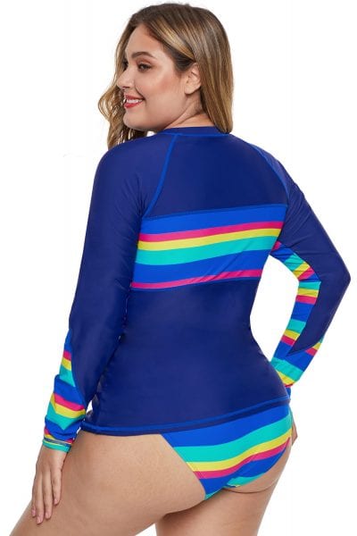 Shea Womens Rash Guards Long Sleeve Rainbow Striped Tankini Swimsuit