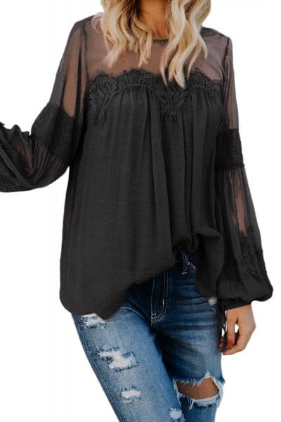 Esther Women's Casaul Lantern Sleeve Crew Neck Lace Patchwork Top Black