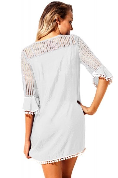 Grayson Women's Crochet Chiffon Tassel Beach Tunic Cover up White