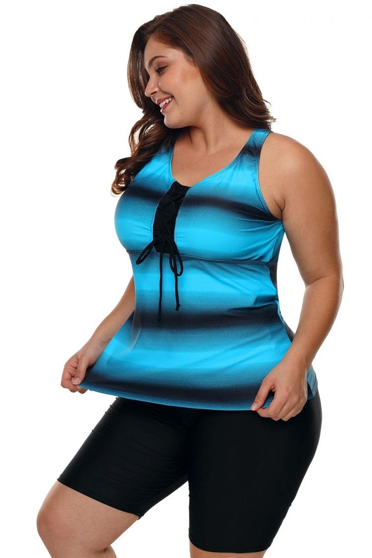 Henley Womens Color Block Print Racerback Plus Size Tankini Swimsuit Blue