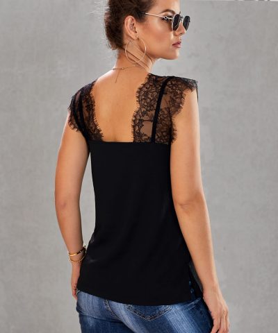 Jill Womens Lace V-Neck Sleeveless Lace Cami Tank Black