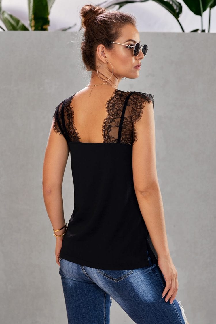 Jill Womens Lace V-Neck Sleeveless Lace Cami Tank Black