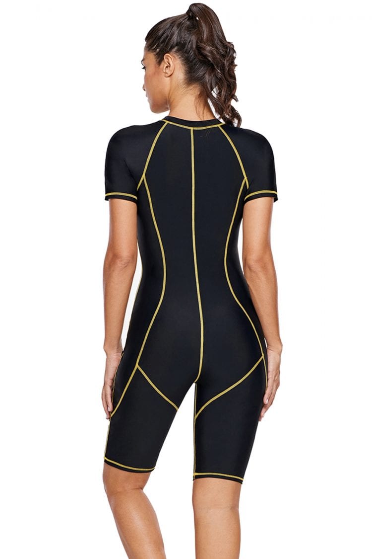 Lavinia Women's One Piece Short Sleeves Contoured Zip Front Wetsuit Swimsuit Black