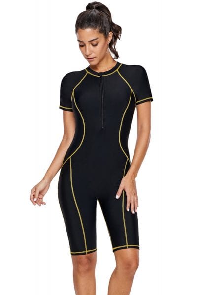 Lavinia Women's One Piece Short Sleeves Contoured Zip Front Wetsuit Swimsuit Black