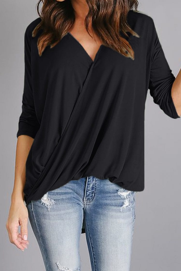 Marcia Women V-Neck Wrap Hi-lo Hem Blouse Black