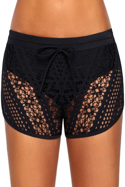 Mesa Womens Hollow Out Lace Side Split Waistband Swim Short Bottom Black