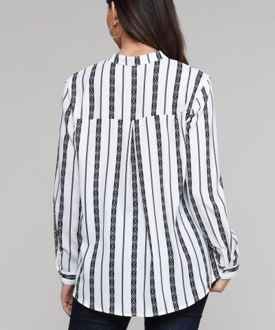 Naomi Women V Neck Striped Button Down Blouse Black