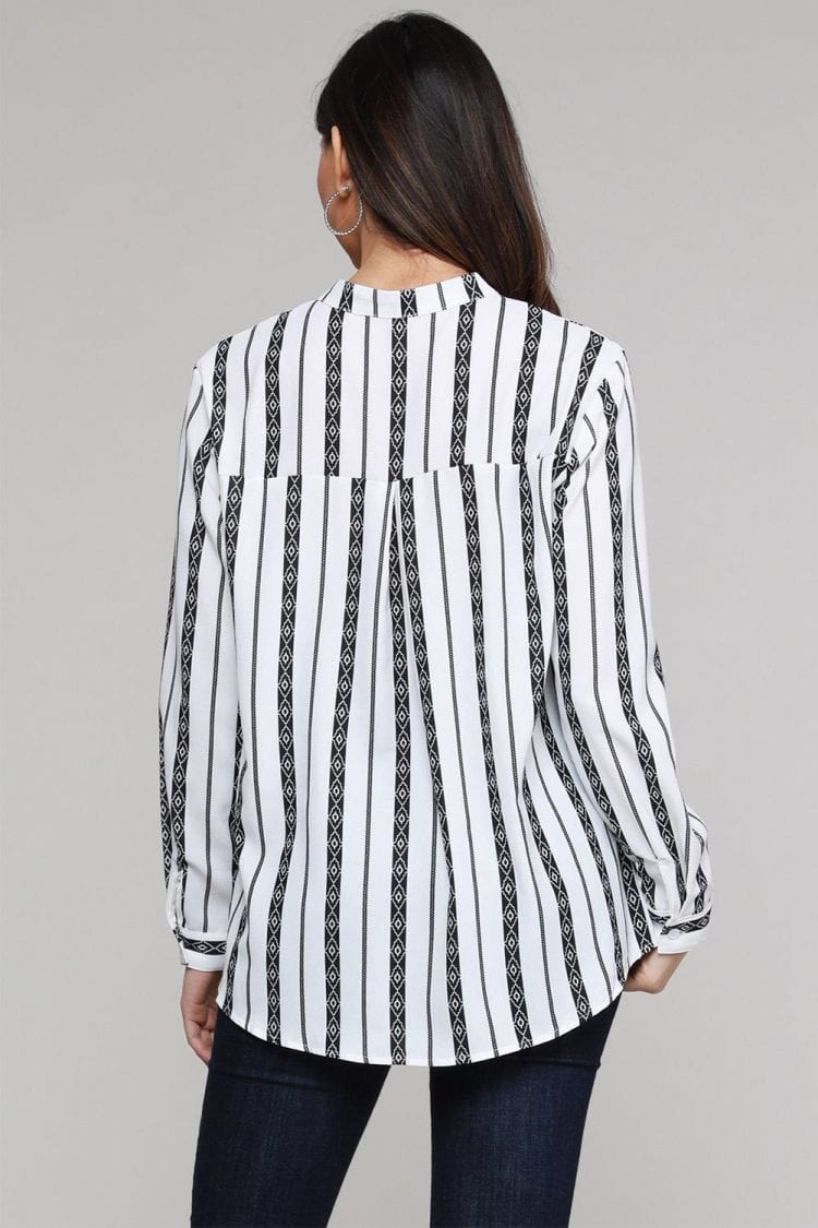 Naomi Women V Neck Striped Button Down Blouse Black