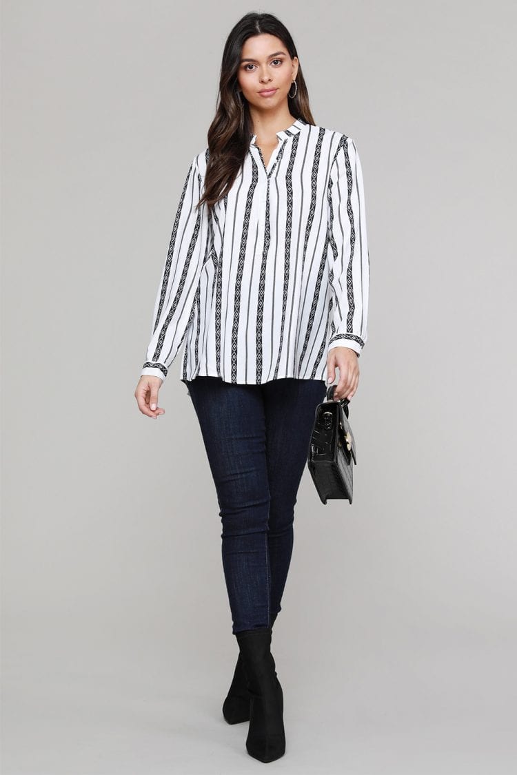 Naomi Women V Neck Striped Button Down Blouse Black