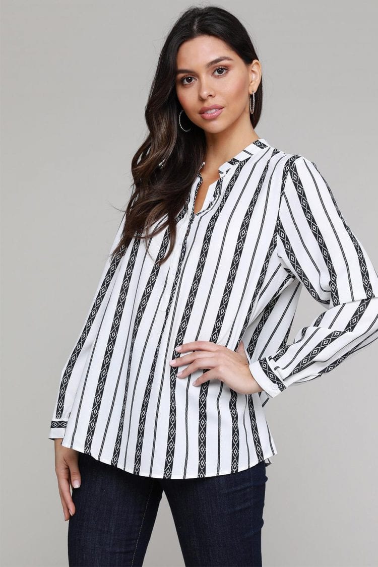 Naomi Women V Neck Striped Button Down Blouse Black