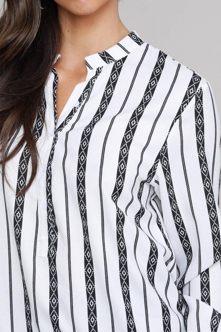 Naomi Women V Neck Striped Button Down Blouse Black