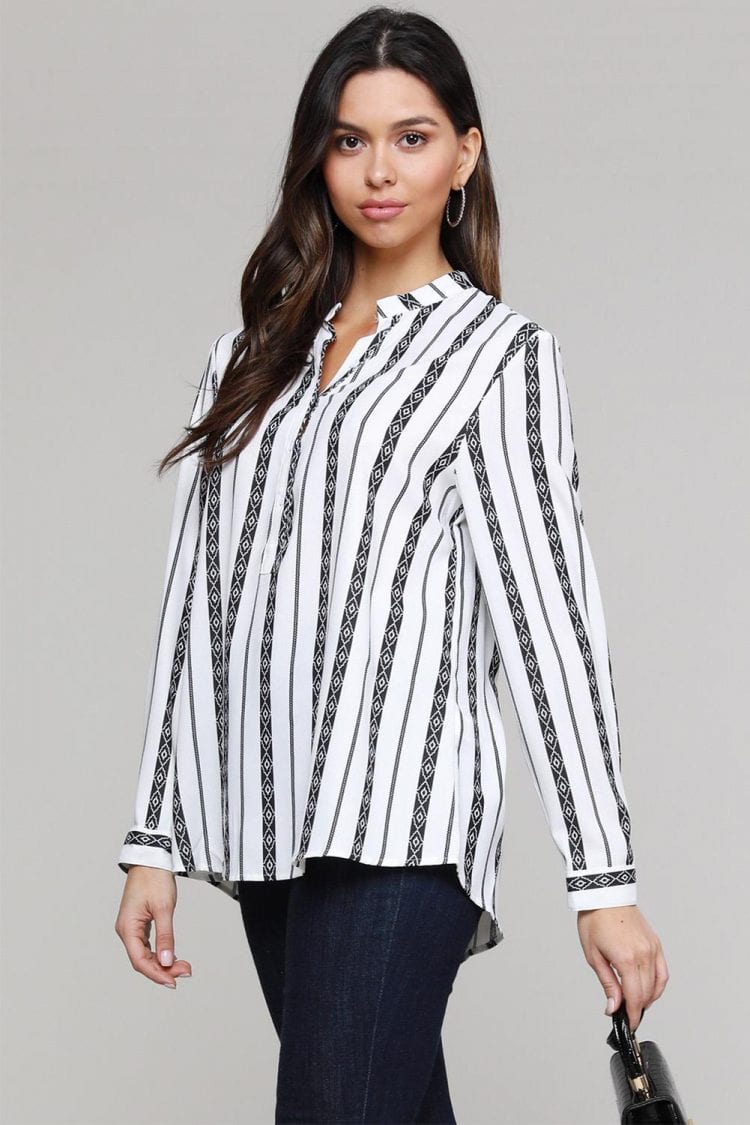 Naomi Women V Neck Striped Button Down Blouse Black