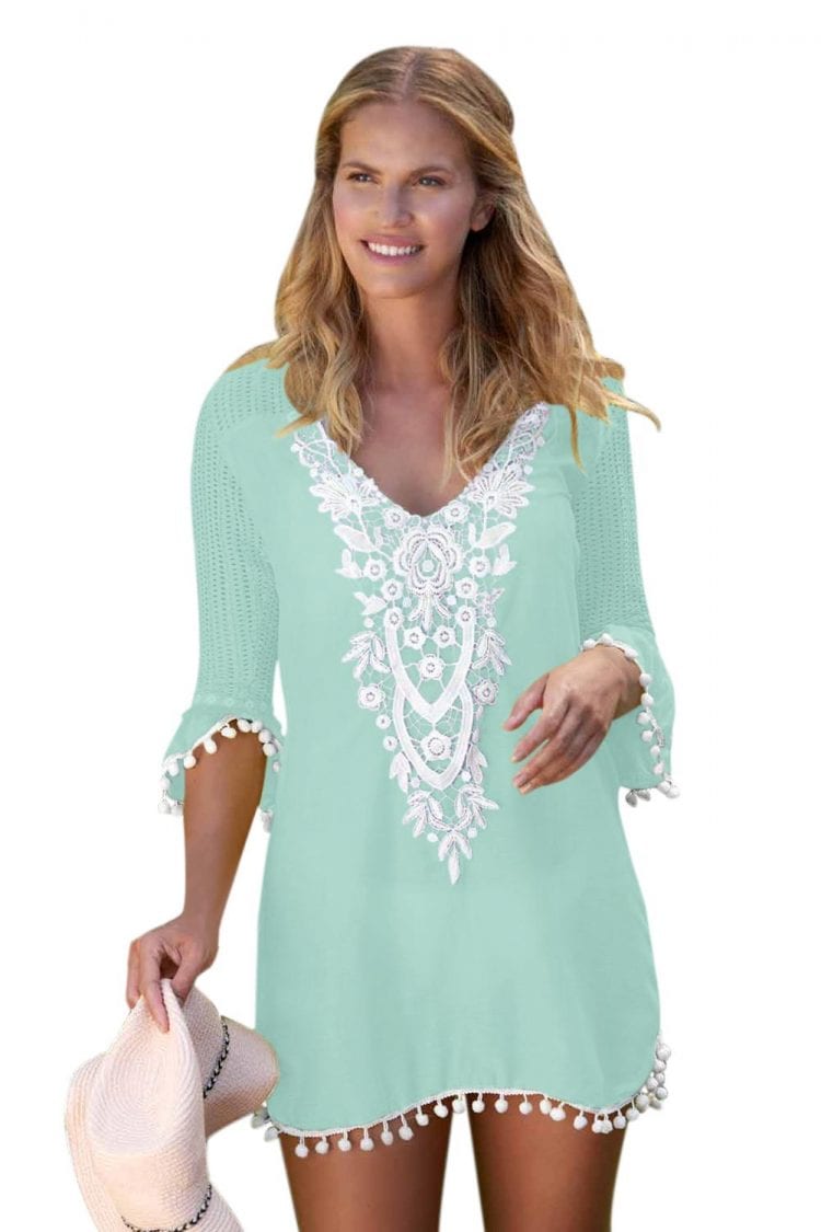 Grayson Women's Crochet Chiffon Tassel Beach Tunic Cover up White