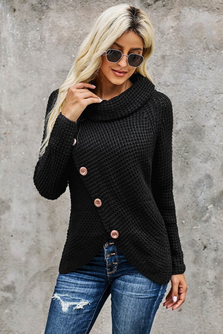 Stellar Turtleneck Buttoned Wrap Sweater Black