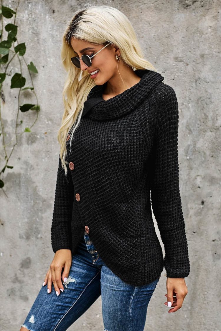 Stellar Turtleneck Buttoned Wrap Sweater Black