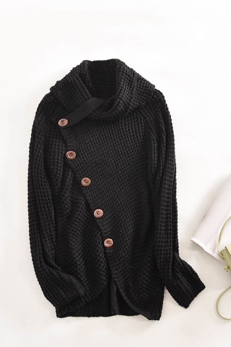 Stellar Turtleneck Buttoned Wrap Sweater Black