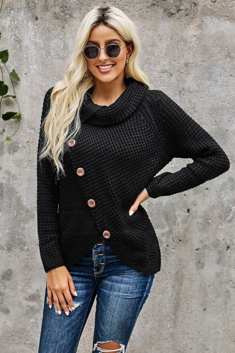 Stellar Turtleneck Buttoned Wrap Sweater Black