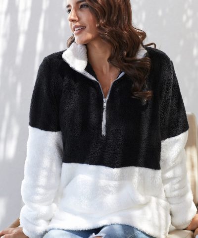 Abiona Womens Oversize Fluffy Fleece Sweatshirt Pullover Black White