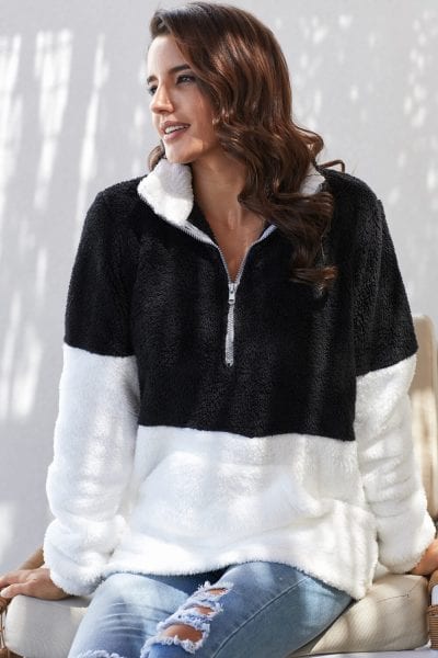 Abiona Womens Oversize Fluffy Fleece Sweatshirt Pullover Black White