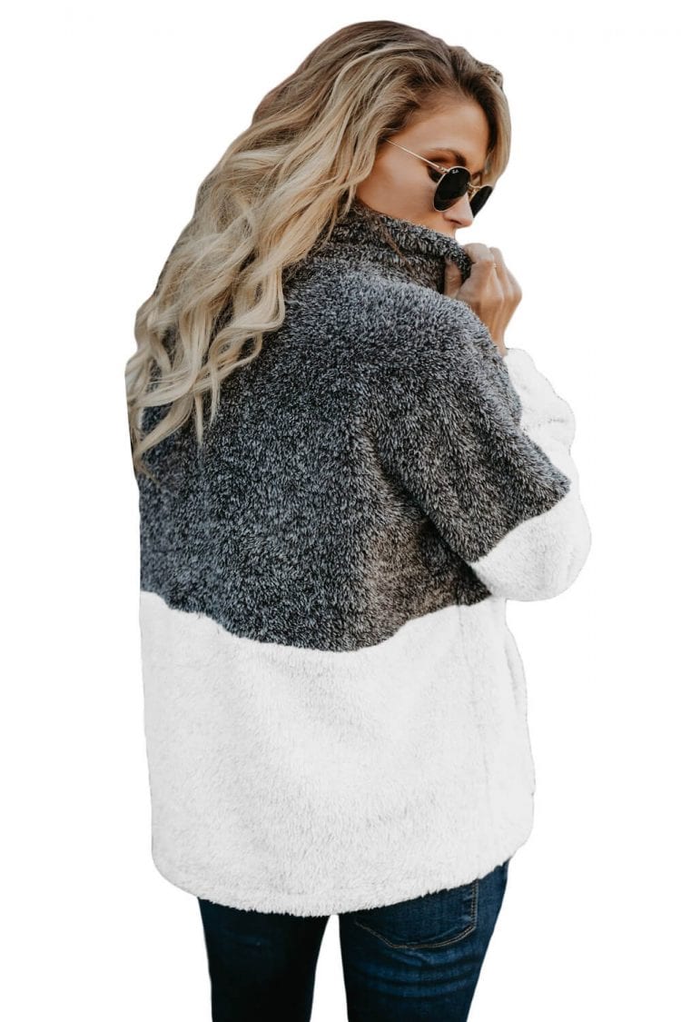 Alba Zip Neck Oversize Fluffy Fleece Pullover Grey White