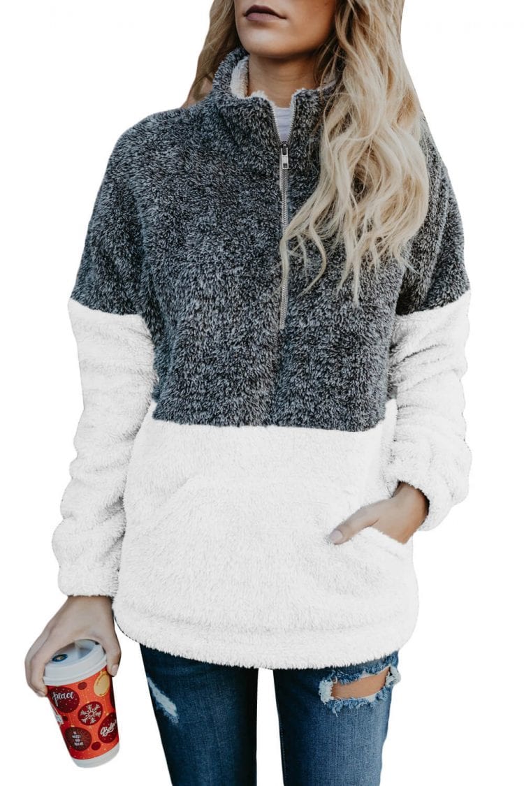 Alba Zip Neck Oversize Fluffy Fleece Pullover Grey White