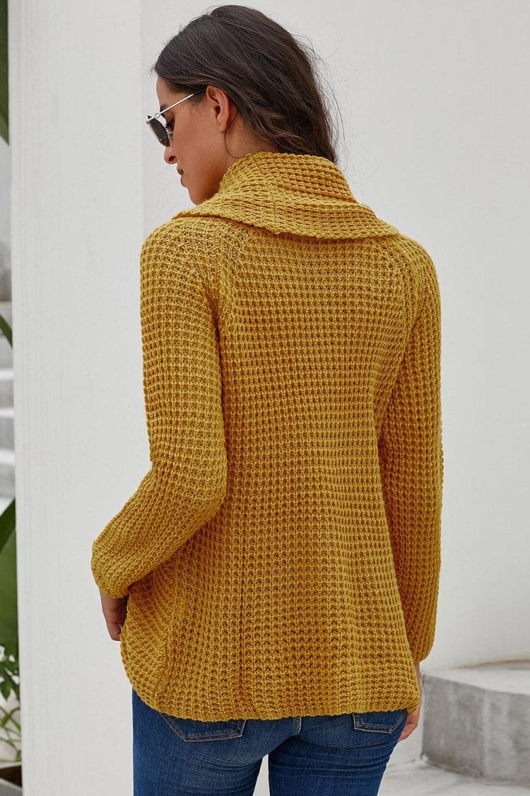 Breanna Chunky Button Turtle Cowl Neck Pullover Sweater Mustard