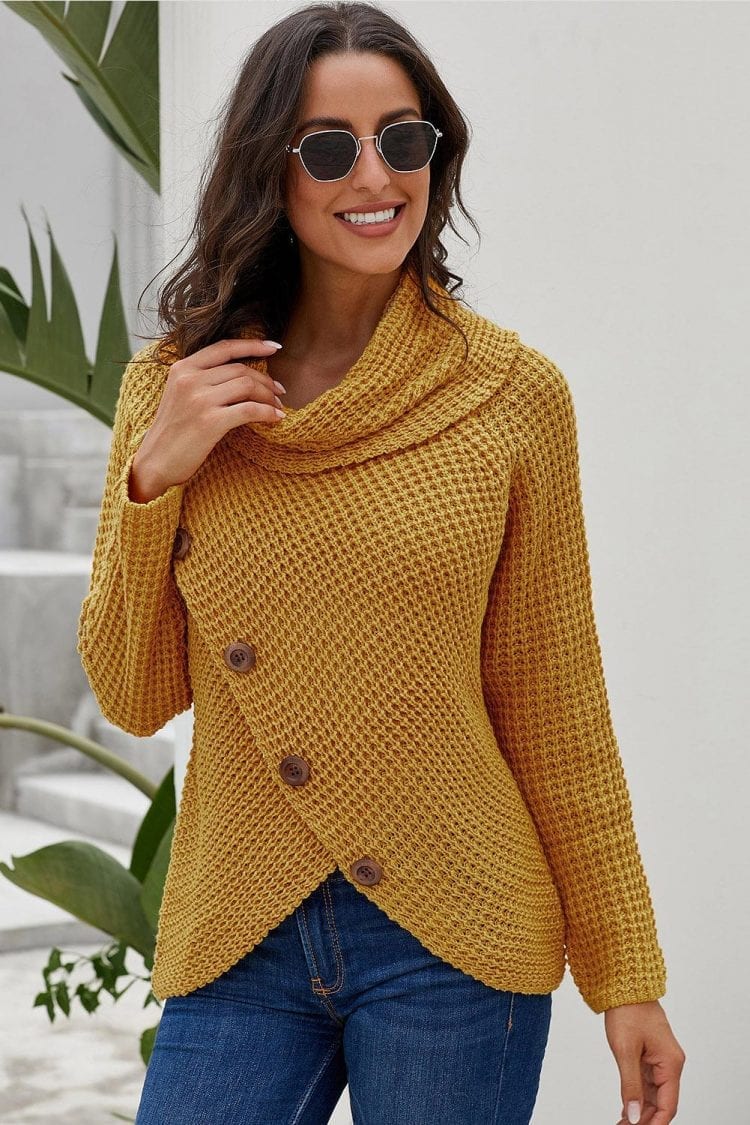 Breanna Chunky Button Turtle Cowl Neck Pullover Sweater Mustard