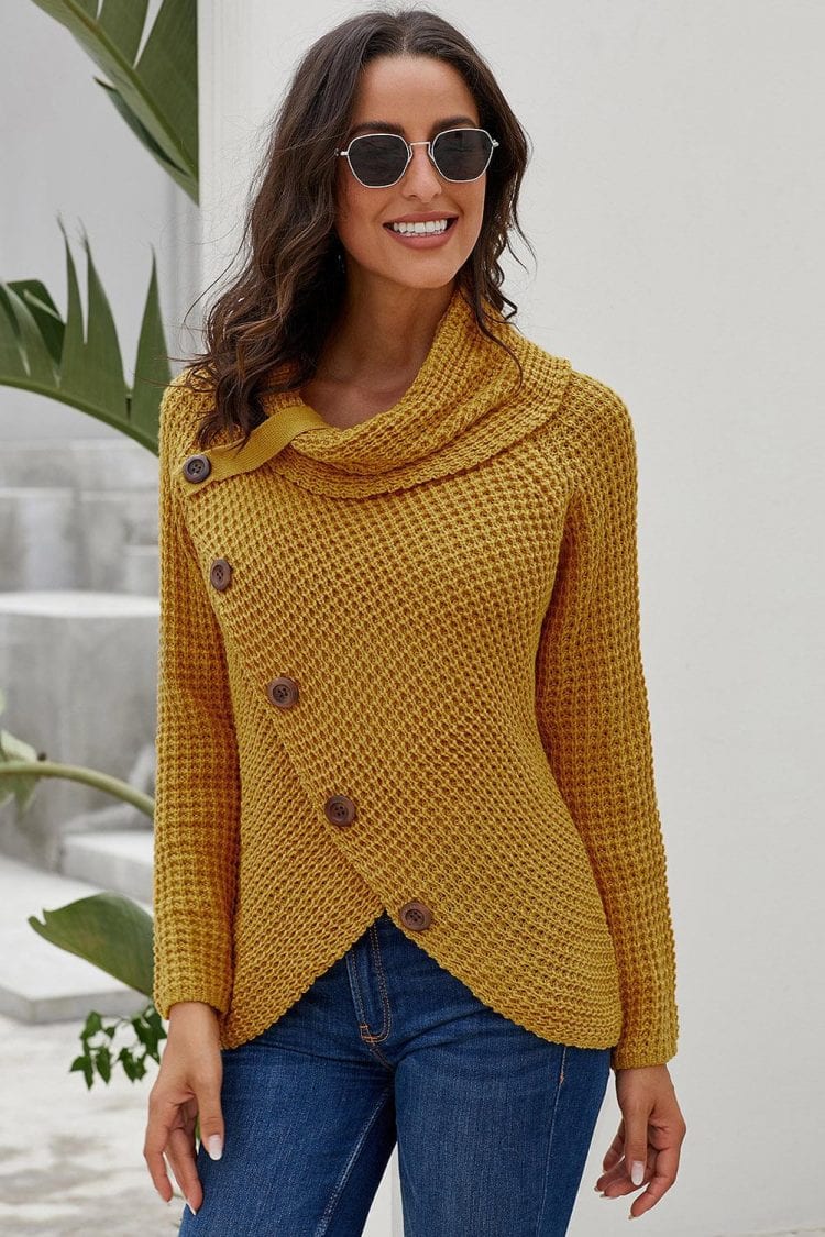 Breanna Chunky Button Turtle Cowl Neck Pullover Sweater Mustard