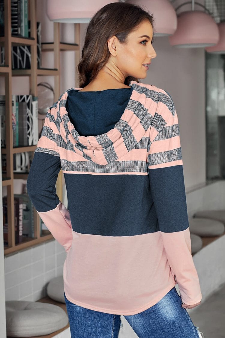 Carys Long Sleeve Knit Color Block Drawstring Hoodie Pink