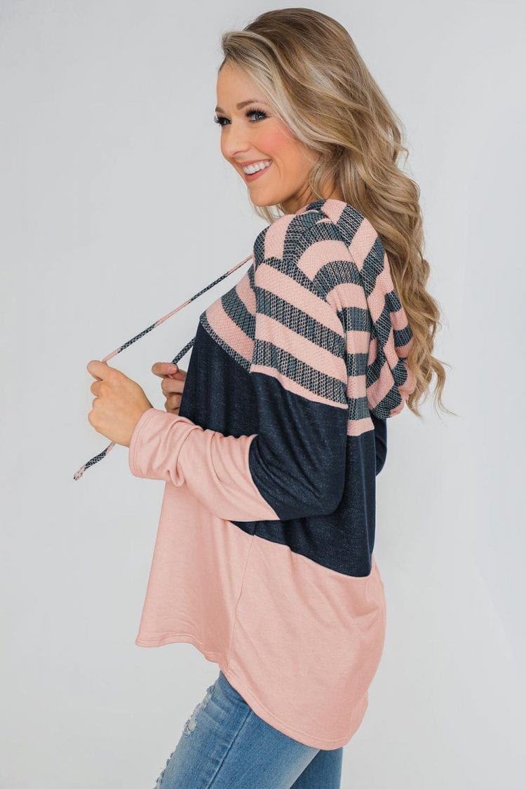 Carys Long Sleeve Knit Color Block Drawstring Hoodie Pink