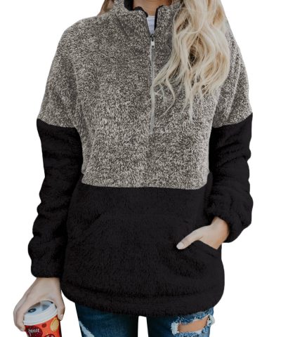 Edie Womens Zipper Pullover Hoodies Sweatshirt Outwear with Pockets Gray Taupe