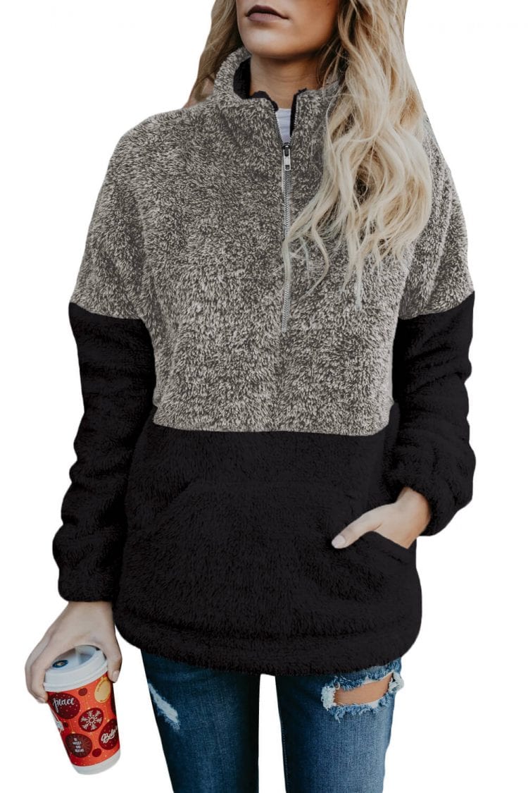 Edie Womens Zipper Pullover Hoodies Sweatshirt Outwear with Pockets Gray Taupe