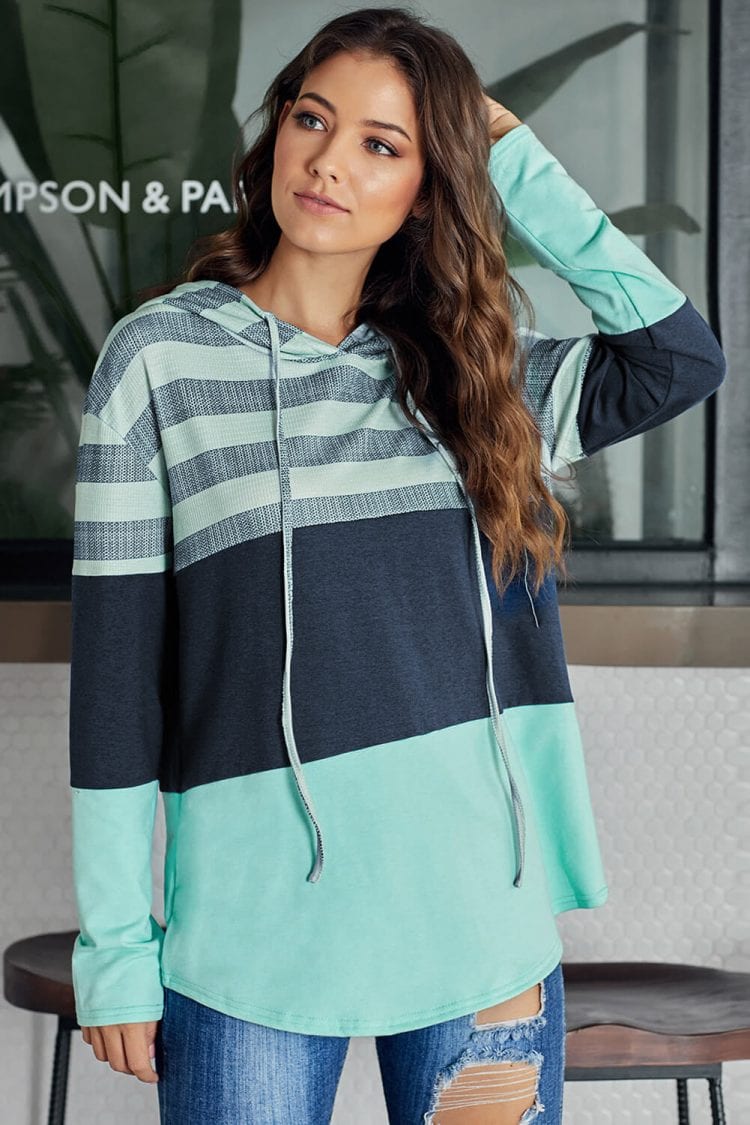 Orinda Striped Color Block Drawstring Hoodie Green