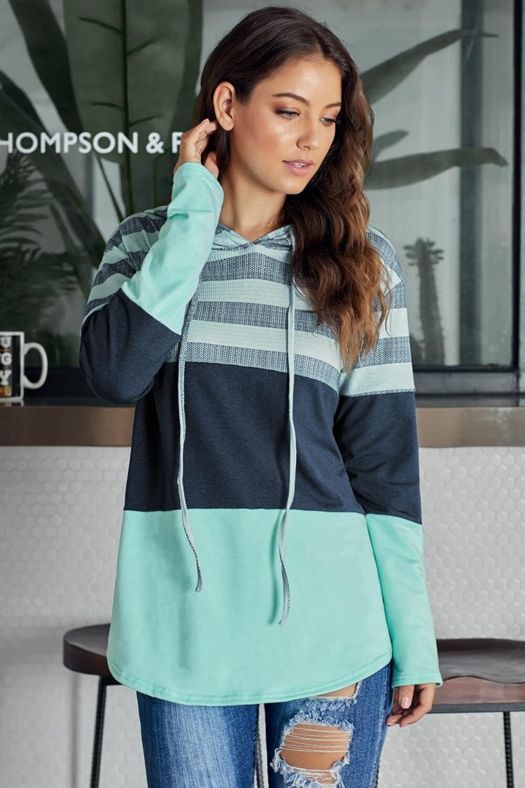 Orinda Striped Color Block Drawstring Hoodie Green