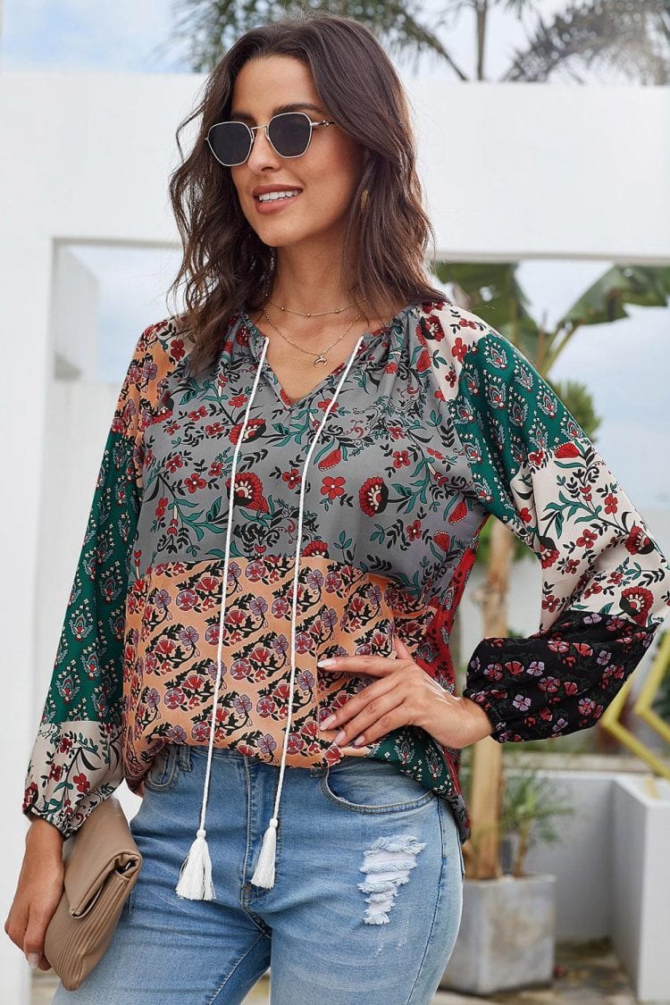 Pilcro Women's Casual Boho Floral Print Blouses Red