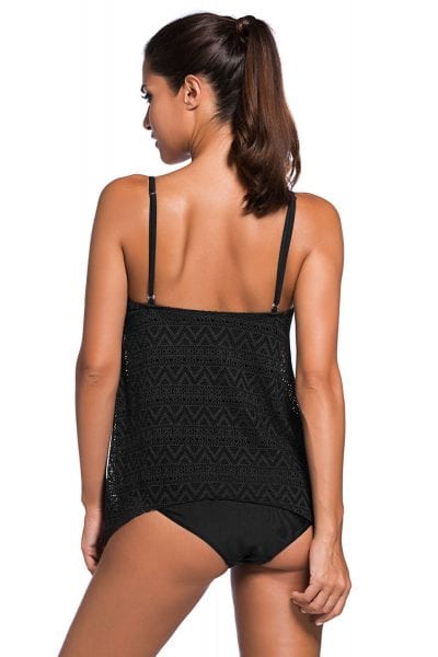 Abigail Women's Two Piece Lace Overlay Shoulder Straps Tankini Swimsuit Black