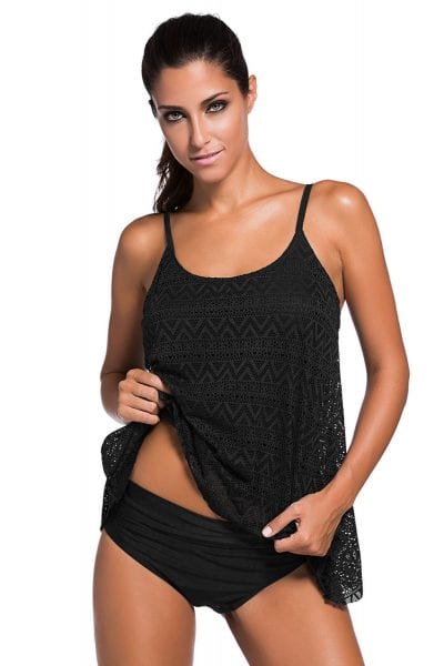 Abigail Women's Two Piece Lace Overlay Shoulder Straps Tankini Swimsuit Black