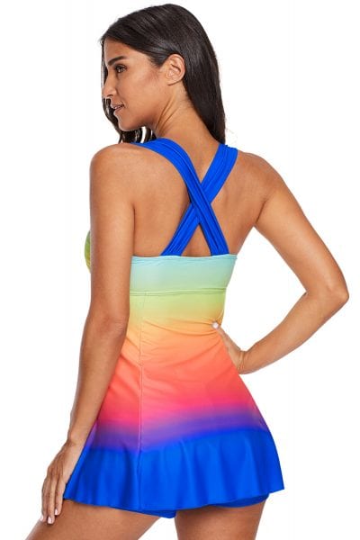 Draper Women's Color Block Printed Tankini Swimdress with Boyshort Turquoise