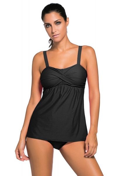 Annette Women's Two Pieces Solid Ruched Swing Tankini Swimsuit Black