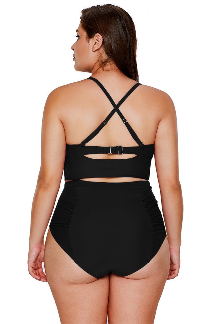 Ariah Women's Strappy Neck High Waist Plus Size Swimsuit Black