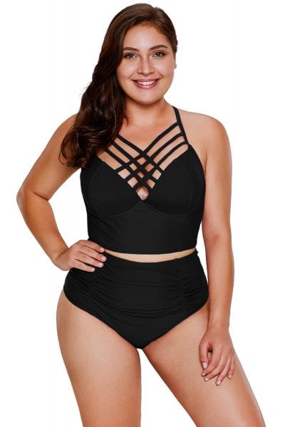 Ariah Women's Strappy Neck High Waist Plus Size Swimsuit Black